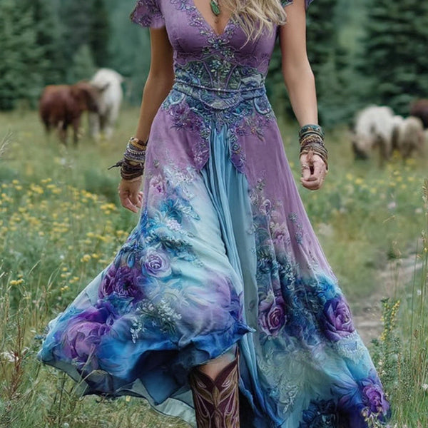 Classy Gradient Purple Lavender And Floral Printed Short Maxi Dress