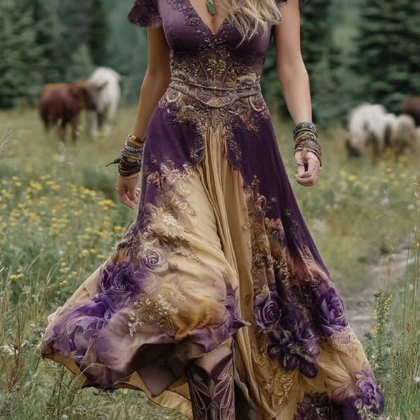 Classy Gradient Purple Lavender And Floral Printed Short Maxi Dress