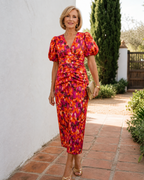 Zavienna | Abstract Print Puff Sleeve Ruched Midi Dress