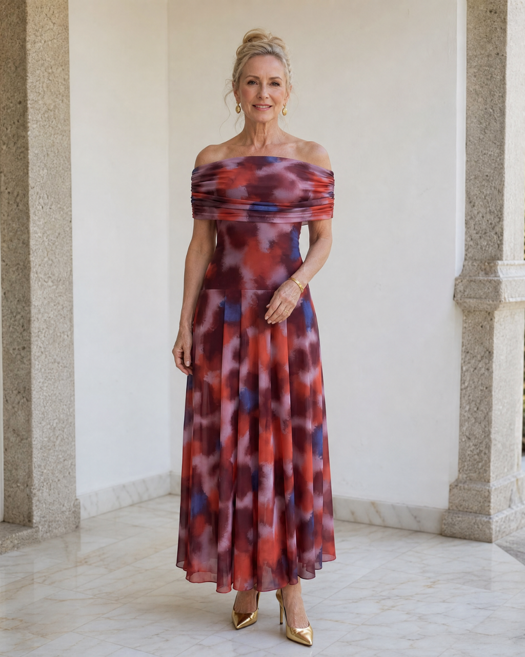 Violla | Off Shoulder Watercolor Print Flowing Midi Dress