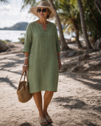 Elixir | Textured V Neck Three Quarter Sleeve Knee Length Dress