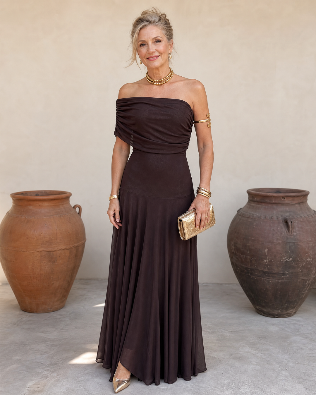 Valerinne | Off Shoulder Draped Bodice Flowing Maxi Dress
