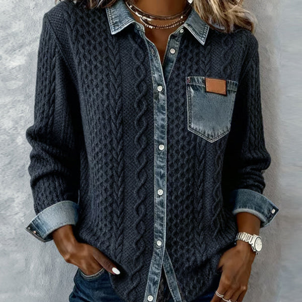 Long-Sleeve Shirt with Denim Patchwork