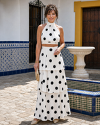 Lysa | Polka Dot Halter Top And Tiered Maxi Skirt Set