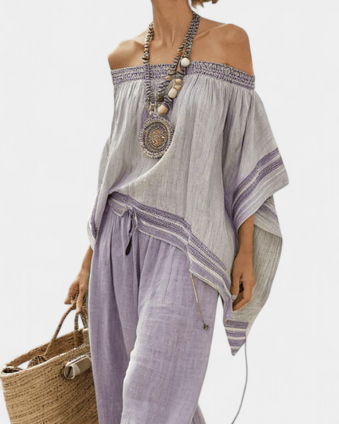 Zandrel | Elegant Off-Shoulder Top & Wide-Leg Striped Pants