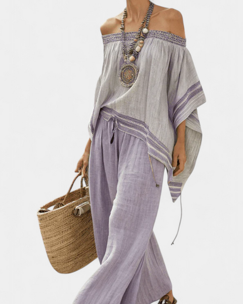 Zandrel | Elegant Off-Shoulder Top & Wide-Leg Striped Pants