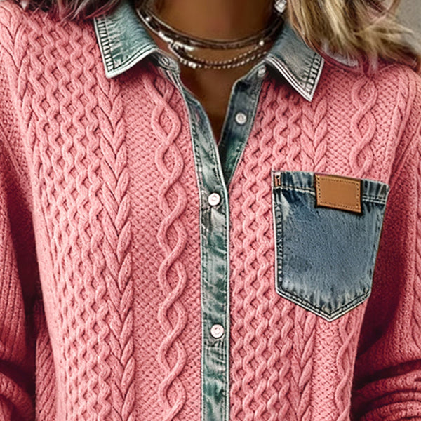 Long-Sleeve Shirt with Denim Patchwork