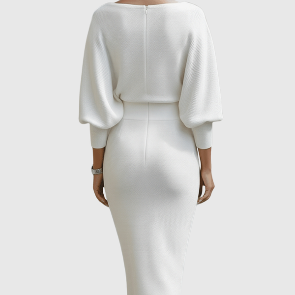 Ismeria™ | White Midi Dress with Batwing Sleeves