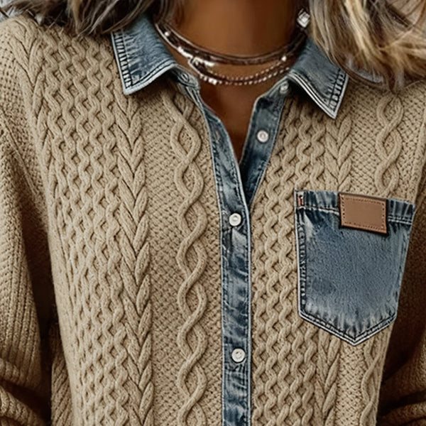 Long-Sleeve Shirt with Denim Patchwork