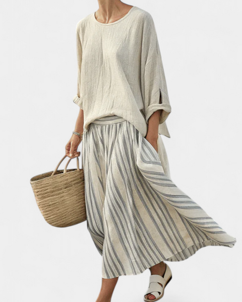 Aurcyn | Comfortable Loose Blouse & Striped Midi Skirt