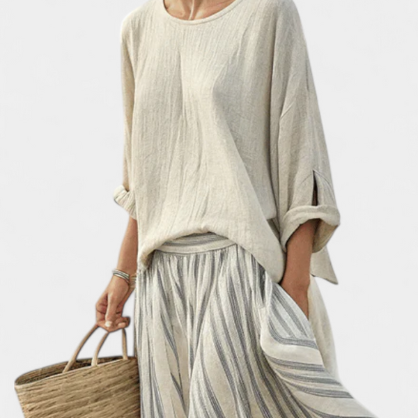 Aurcyn | Comfortable Loose Blouse & Striped Midi Skirt