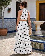 Lysa | Polka Dot Halter Top And Tiered Maxi Skirt Set