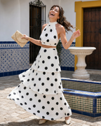 Lysa | Polka Dot Halter Top And Tiered Maxi Skirt Set
