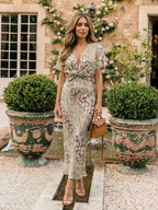 Ellis & Johnson™  | Abstract Print V Neck Twist Waist Midi Dress