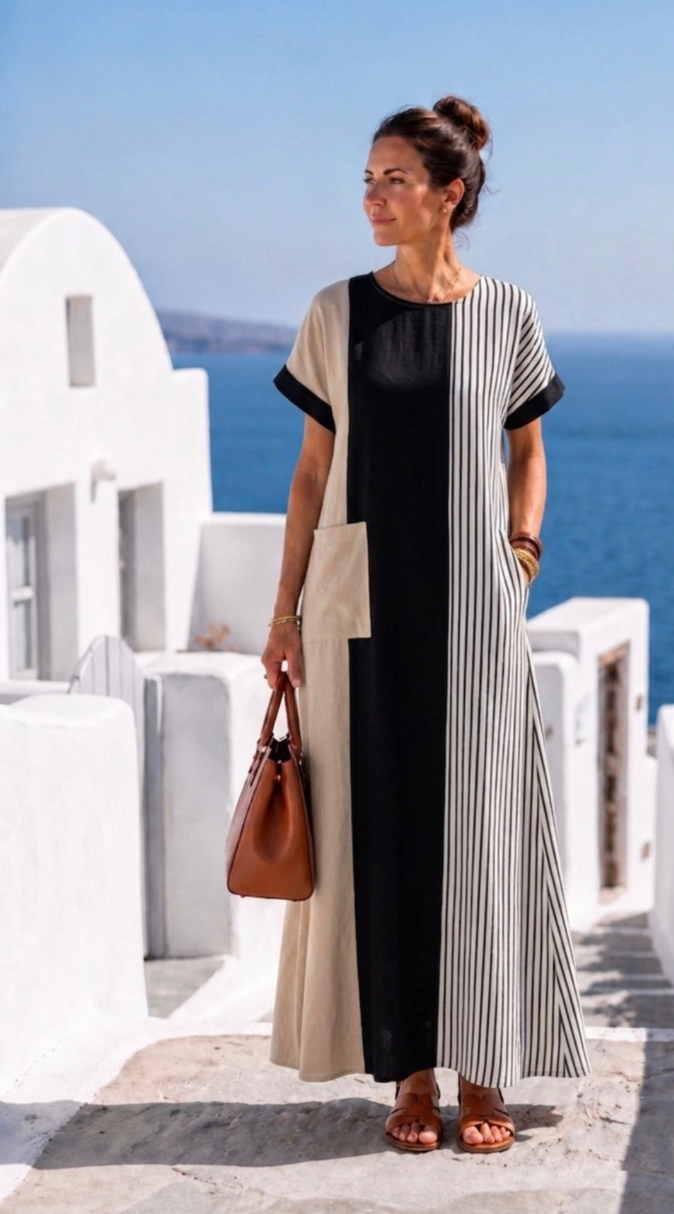Elara | Round Neck Short Sleeve Striped Maxi Dress