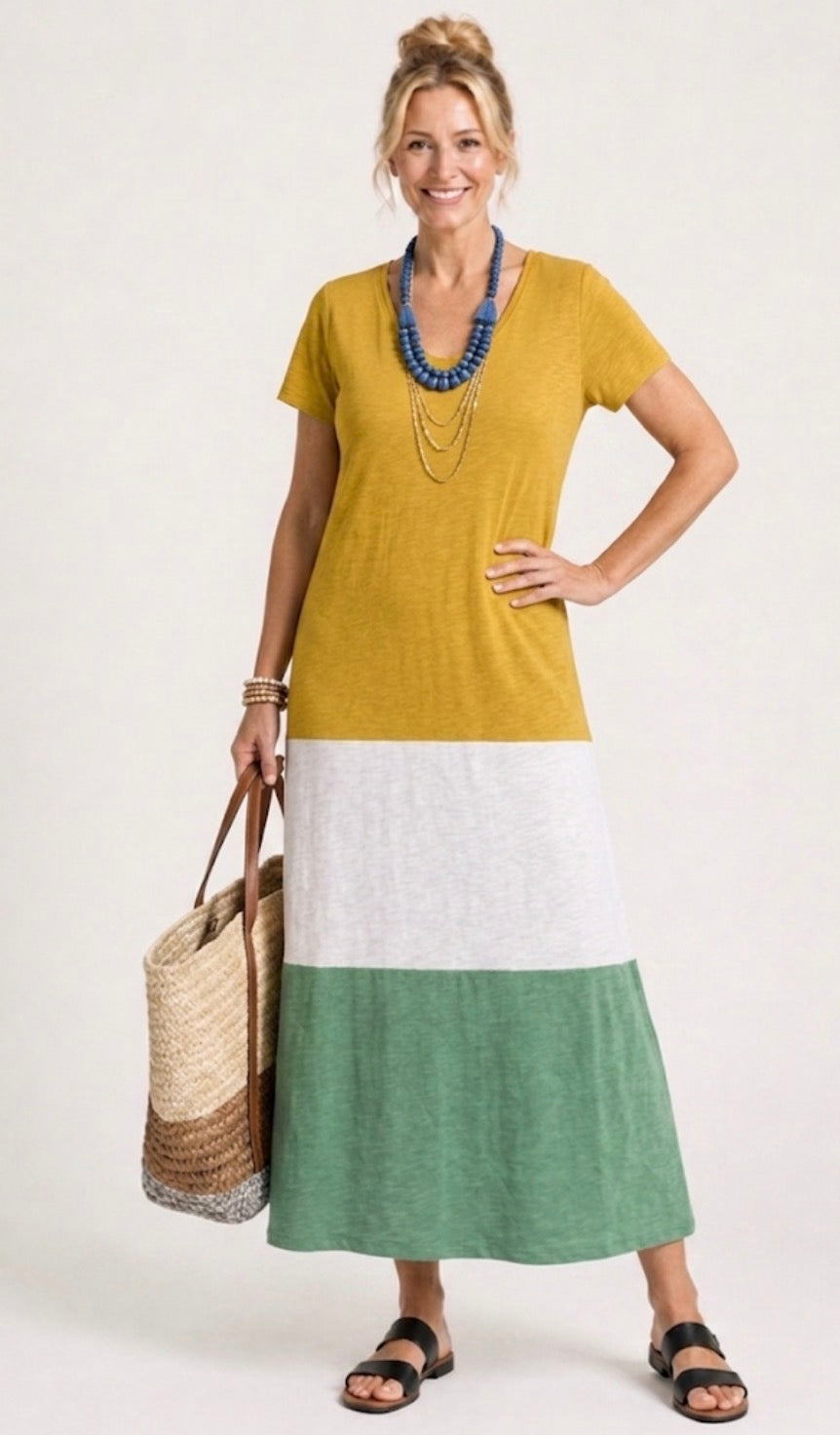 Thalia | Short Sleeve Color Block V Neck Midi Dress