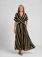 Lina | Short Sleeve V Neck Striped Wrap Midi Dress