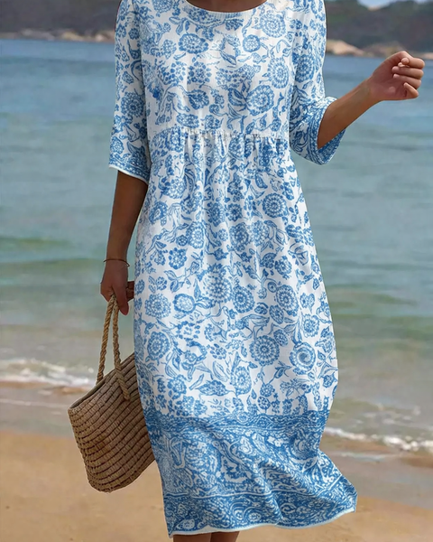 Blue | Elegant Floral Pattern Dress