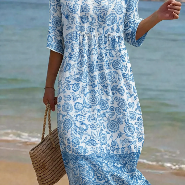 Blue | Elegant Floral Pattern Dress