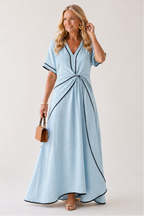 Linnea | V Neck Short Sleeve Gathered Waist Midi Dress