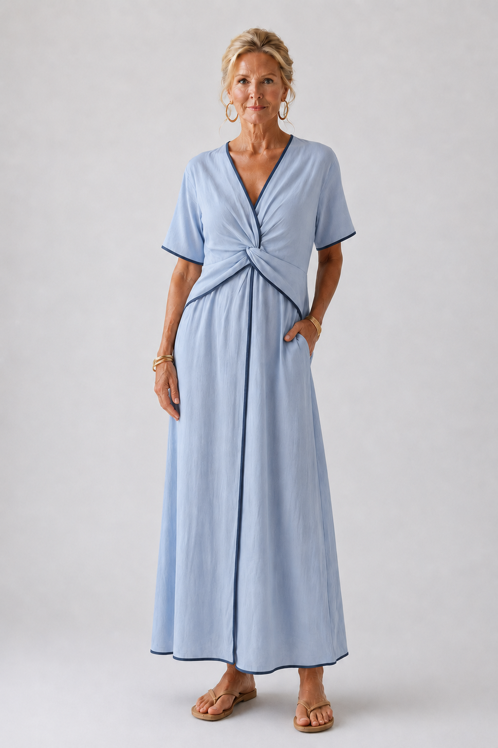Eirene | V Neck Short Sleeve Twist Front Midi Dress