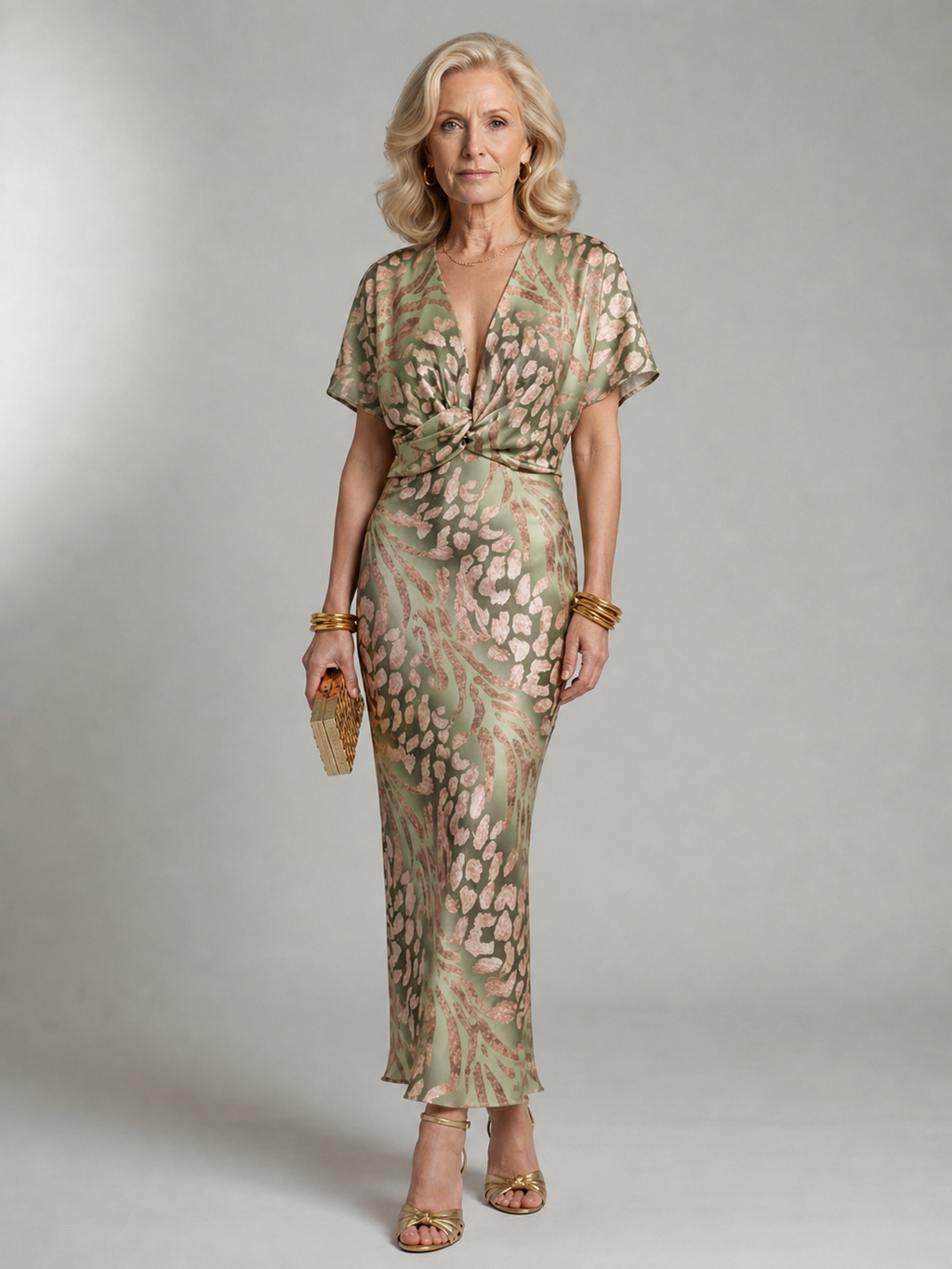 Ellis & Johnson™  | Abstract Print V Neck Twist Waist Midi Dress