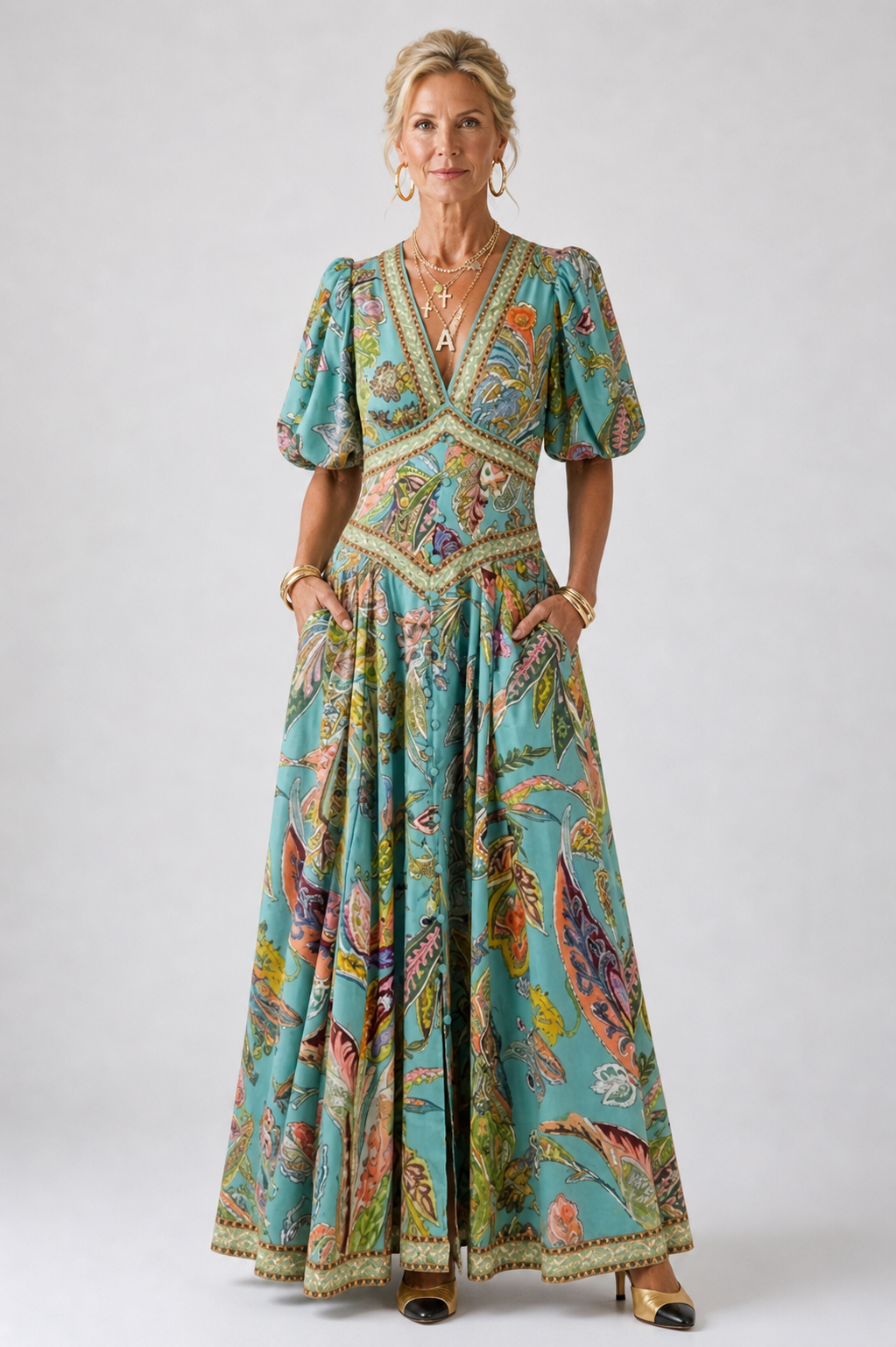 Ellis & Johnson™  | Airy maxi dress with puff sleeves and V-neck