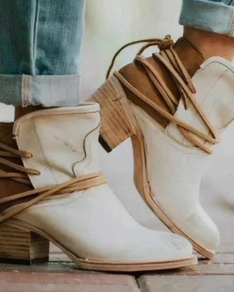Women's Ankle Boots – Leather – Western Style – Block Heel – Wrapped Lacing Detail