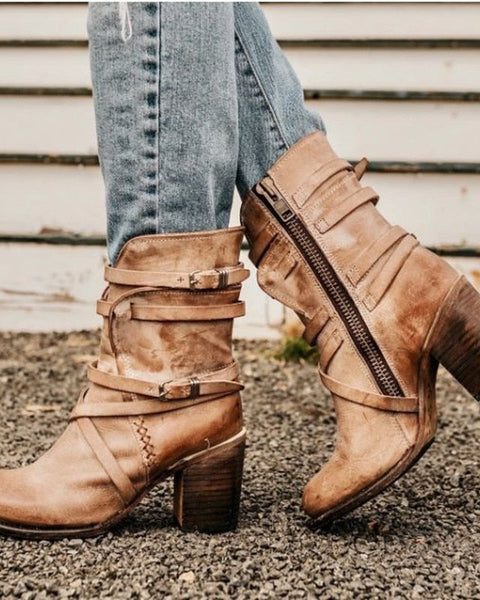 Women's Leather Ankle Boots - Slouchy Distressed Design - Buckle Straps - Block Heel