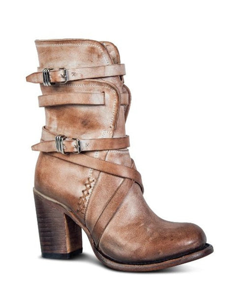 Women's Leather Ankle Boots - Slouchy Distressed Design - Buckle Straps - Block Heel