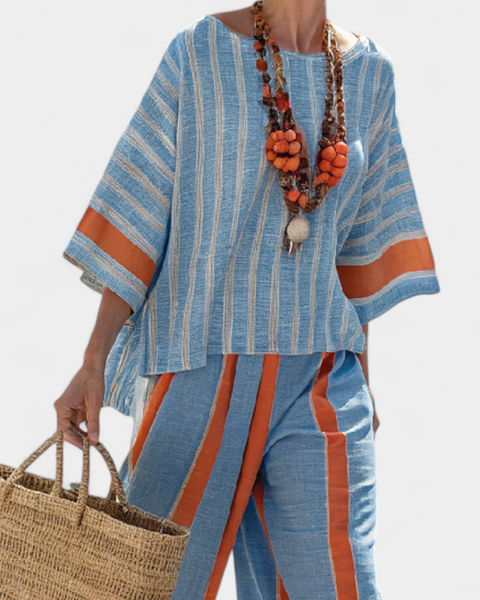Velmere | Sophisticated Terracotta Striped Top & Linen Pants