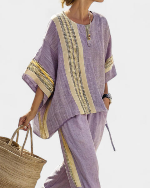 Elowric | Elegant Lavender Top & Mustard Striped Pants