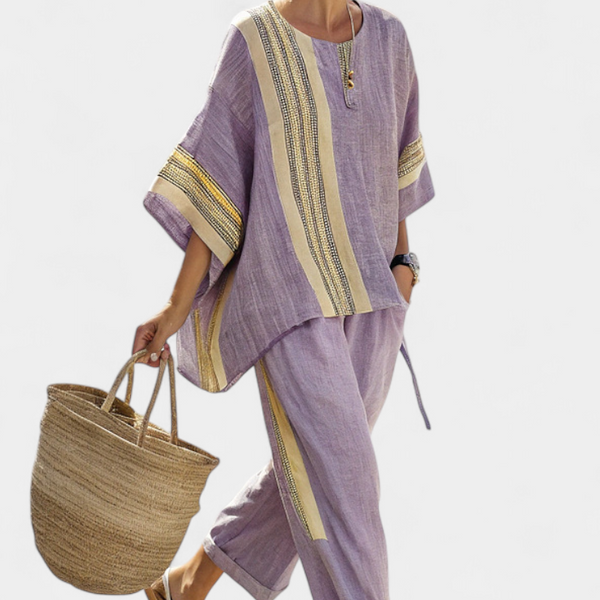 Elowric | Elegant Lavender Top & Mustard Striped Pants