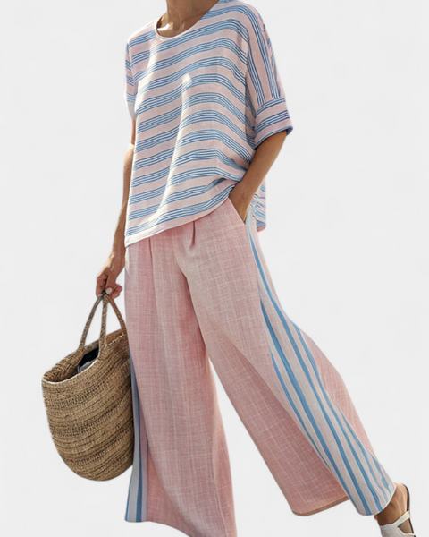 Virella | Elegant Pink-Blue Linen Blouse & Soft Pants