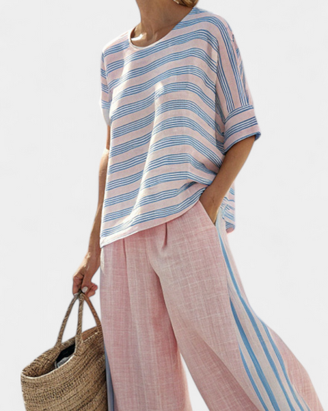 Virella | Elegant Pink-Blue Linen Blouse & Soft Pants