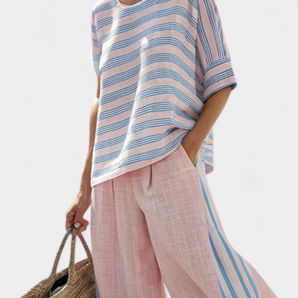 Virella | Elegant Pink-Blue Linen Blouse & Soft Pants