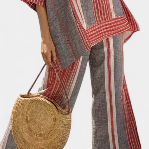 Bravine | Elegant Coral-Gray Linen Top & Wide-Leg Pants
