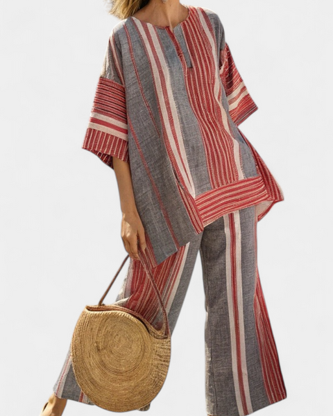 Bravine | Elegant Coral-Gray Linen Top & Wide-Leg Pants