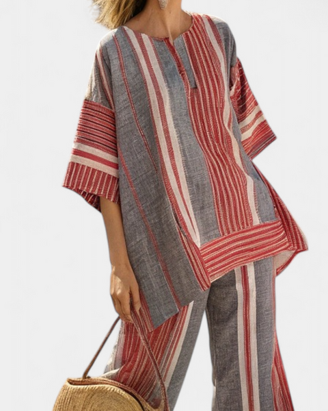 Bravine | Elegant Coral-Gray Linen Top & Wide-Leg Pants
