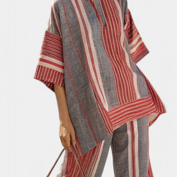 Bravine | Elegant Coral-Gray Linen Top & Wide-Leg Pants