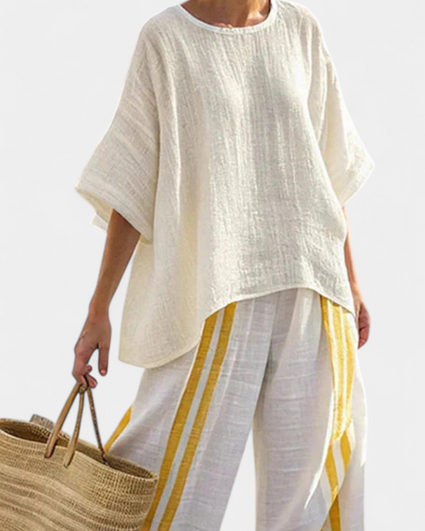 Anselor | Elegant Yellow Striped Linen Top & Wide-Leg Pants