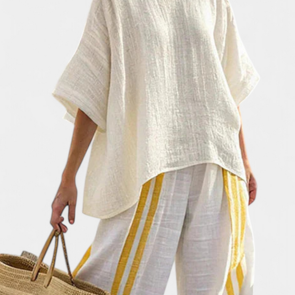 Anselor | Elegant Yellow Striped Linen Top & Wide-Leg Pants