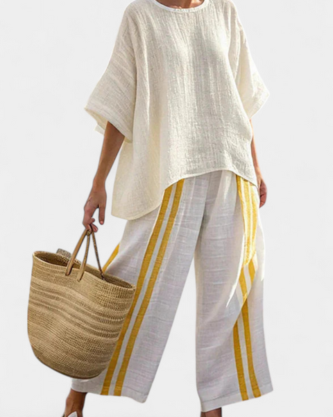 Anselor | Elegant Yellow Striped Linen Top & Wide-Leg Pants