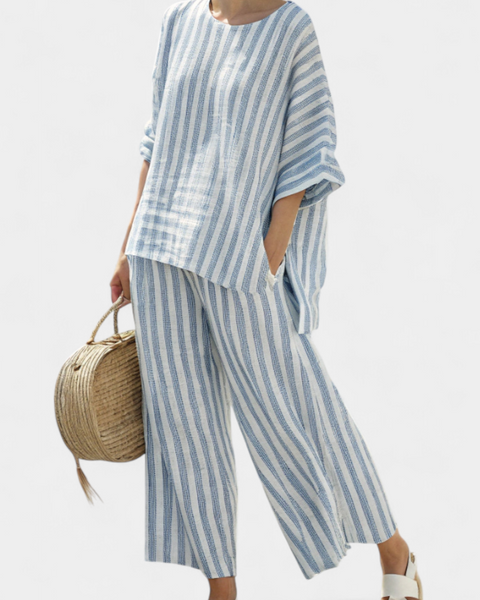 Rensleigh | Sophisticated Blue Striped Linen Top & Relaxed Pants