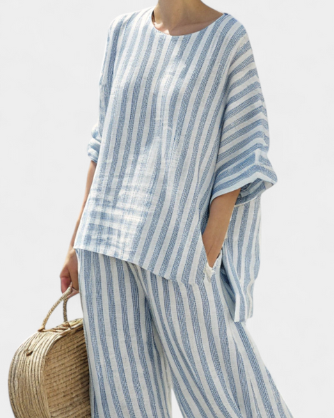 Rensleigh | Sophisticated Blue Striped Linen Top & Relaxed Pants
