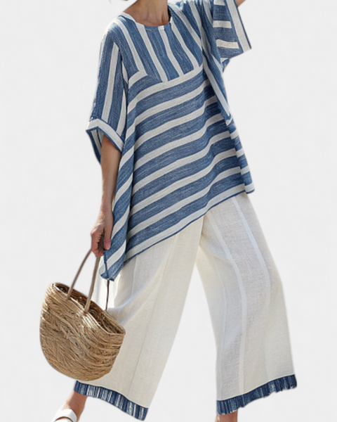 Corvielle | Sophisticated Blue Striped Top & Hem-Detailed Pants