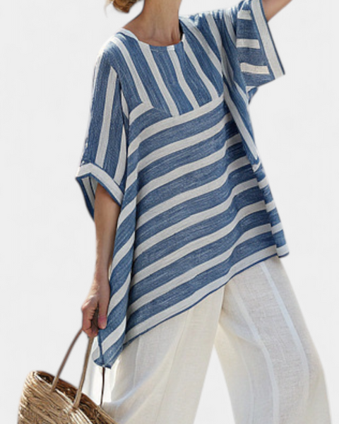 Corvielle | Sophisticated Blue Striped Top & Hem-Detailed Pants