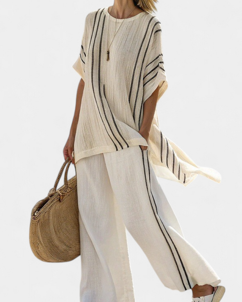 Greysen | Elegant Ivory Linen Blouse & Black Striped Pants