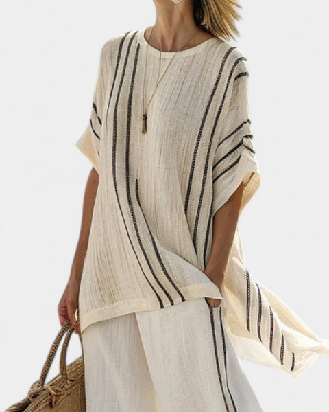 Greysen | Elegant Ivory Linen Blouse & Black Striped Pants