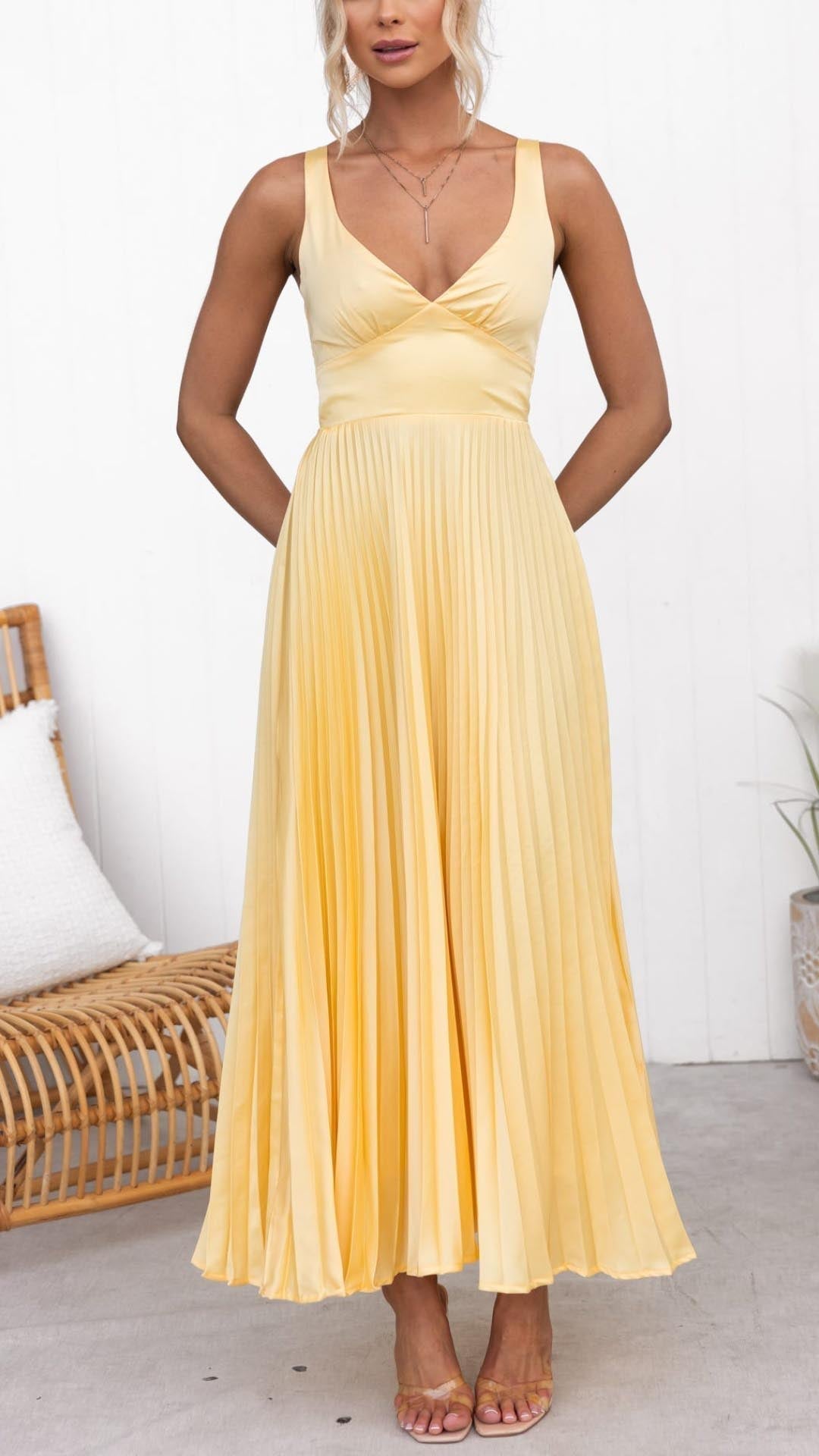 Ellis & Johnson™  | Pleated V-Neck Maxi Dress